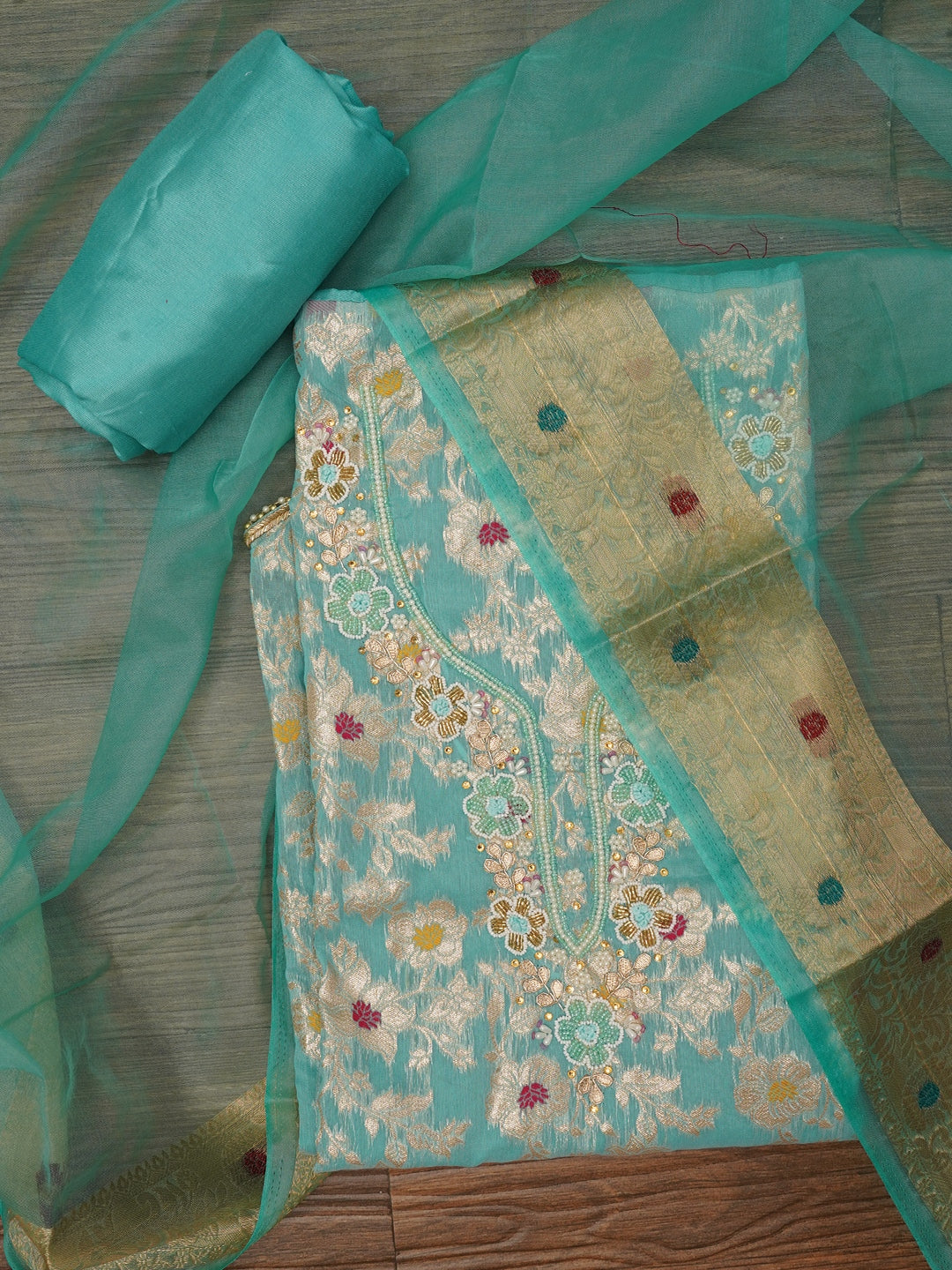 Sea Green Zari Brocade Cotton Dress Material with Dupatta