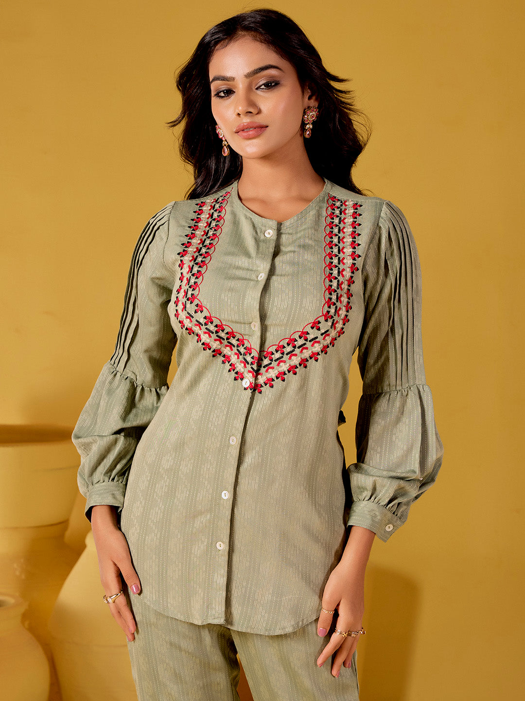 Olive Green Self Design Embroidered Festive Co-ord Set