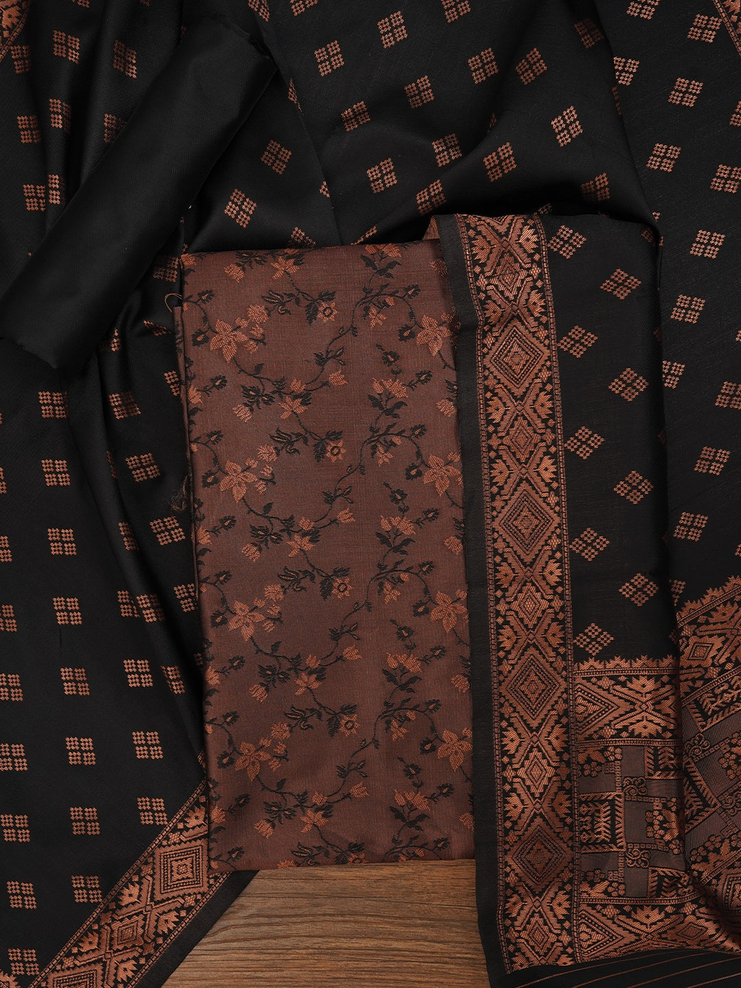Black Floral Silk Zari Woven Dress Material with Dupatta