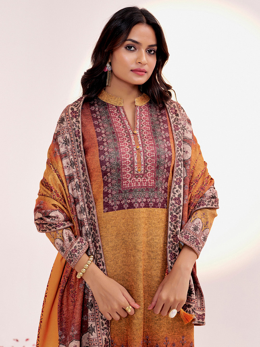 Embellished Ethnic Printed Festive Mustard Kurta Set With Dupatta
