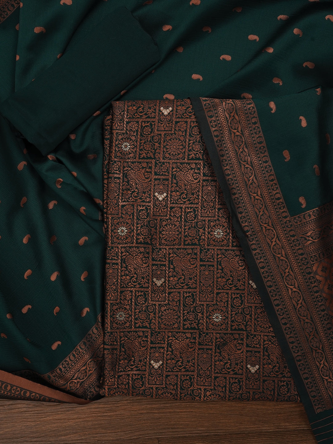 Mehandi Green Floral Silk Zari Woven Dress Material with Dupatta