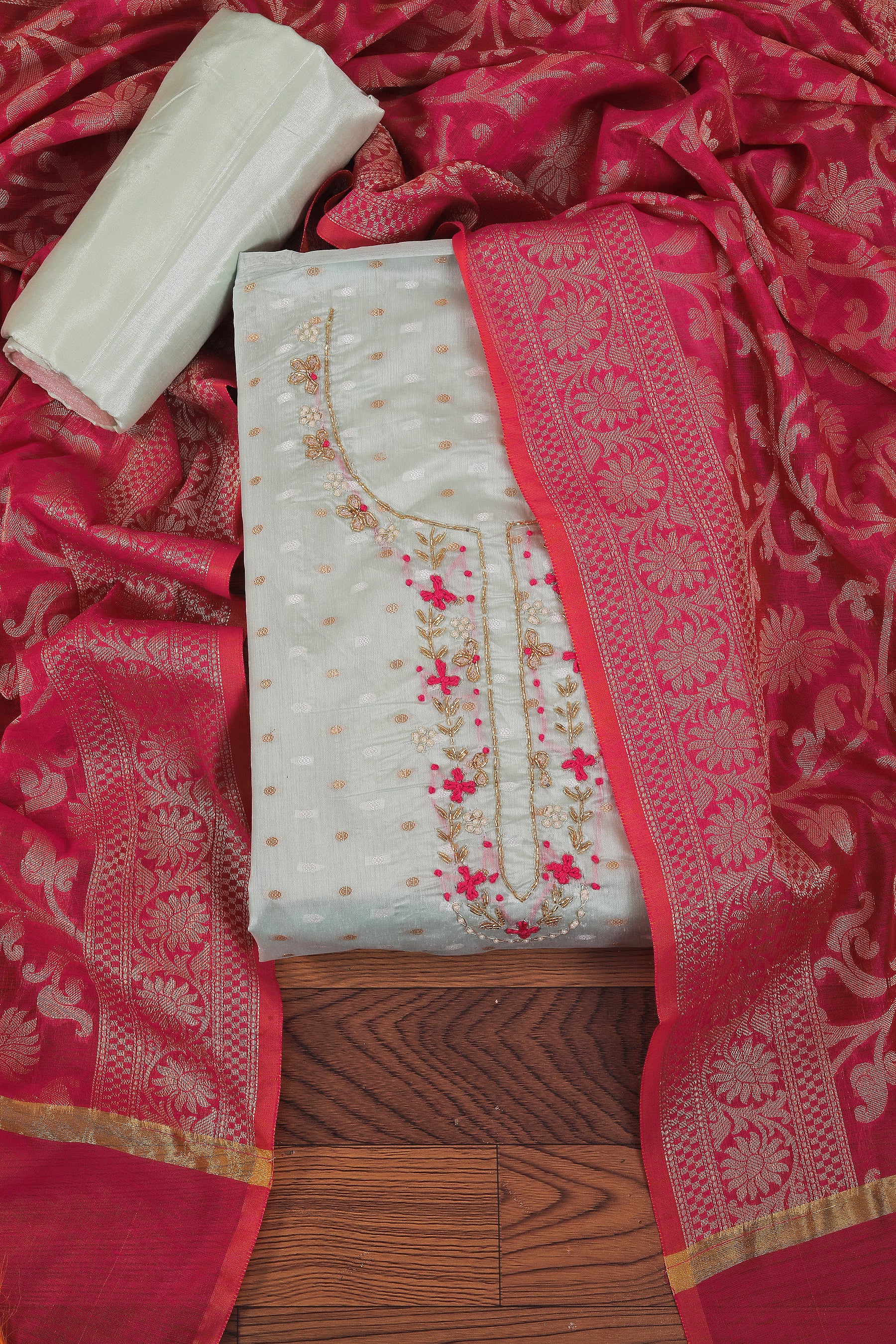 Unstitched Embellished Jacquard Dress Material With Dupatta