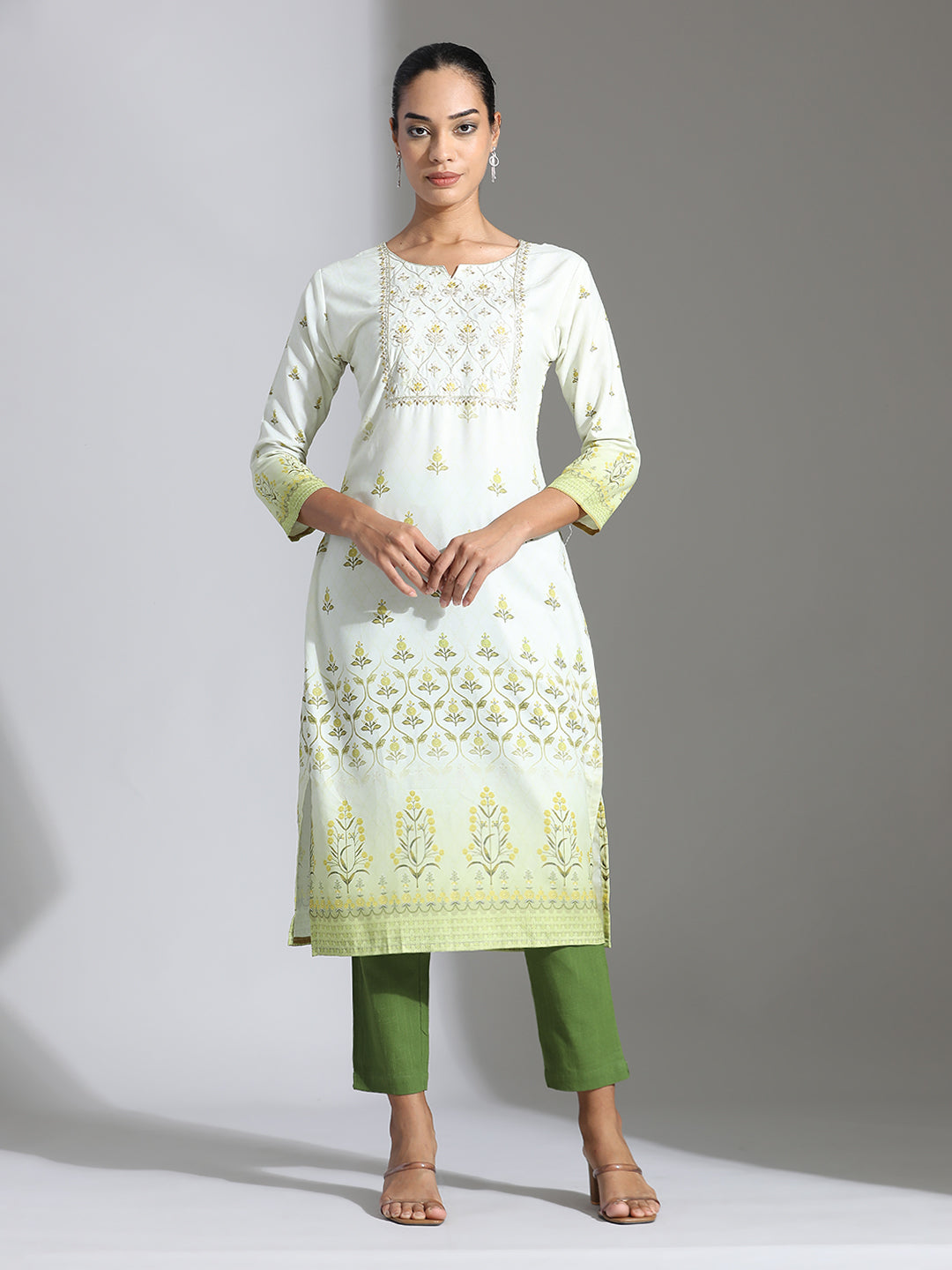 Light Green Printed Poly Rayon Straight Kurta