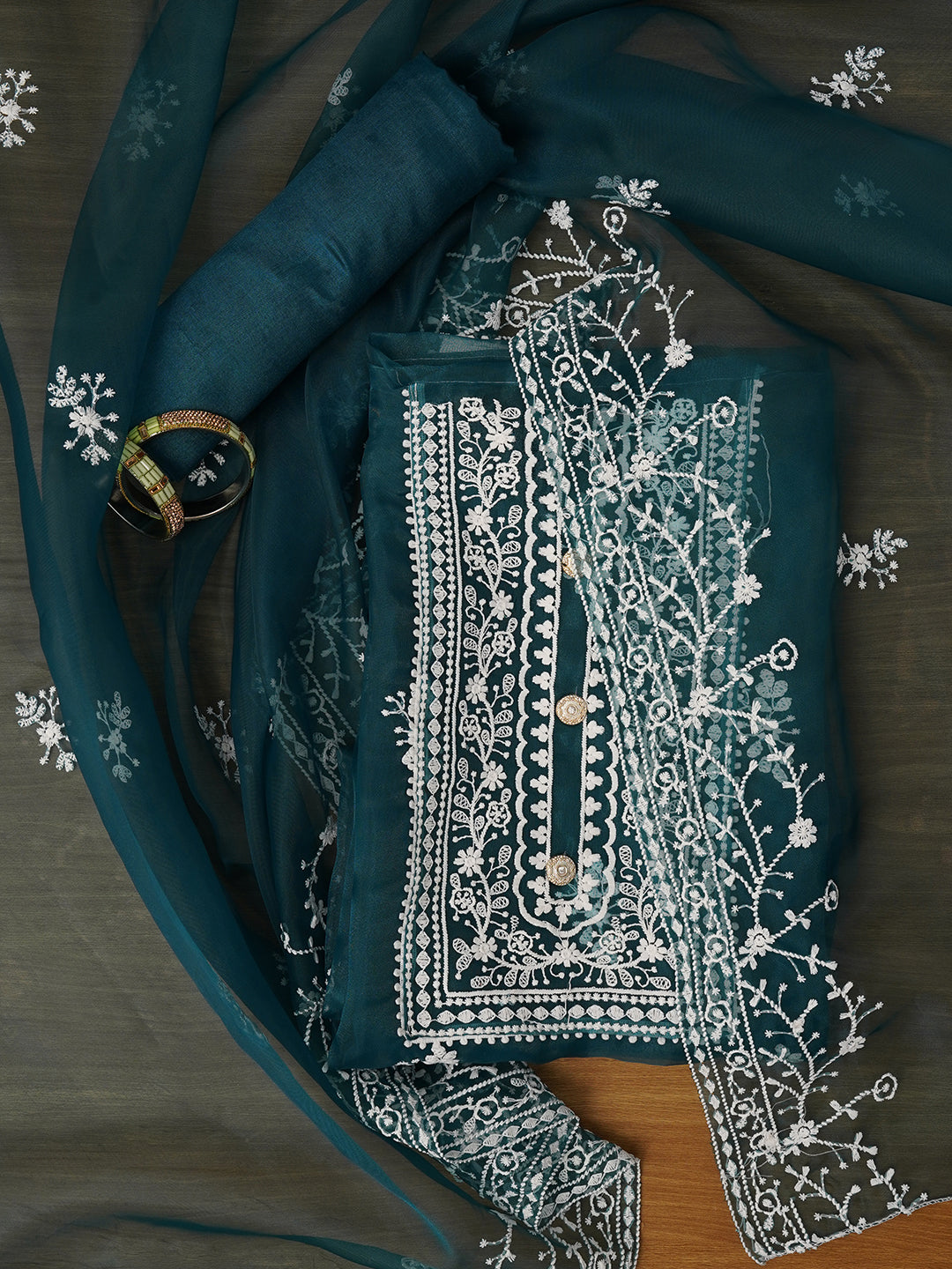 Unstitched Teal Embroidered Organza Dress Material With Dupatta