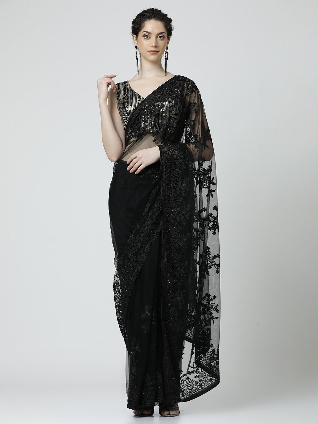 Black Embroidered Net Black Party Wear Saree