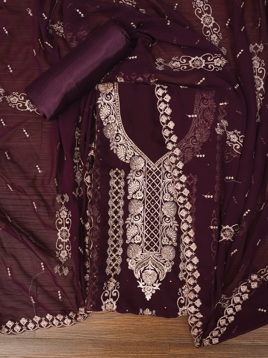 Zari Purple Silk Georgette Dress Material with Dupatta