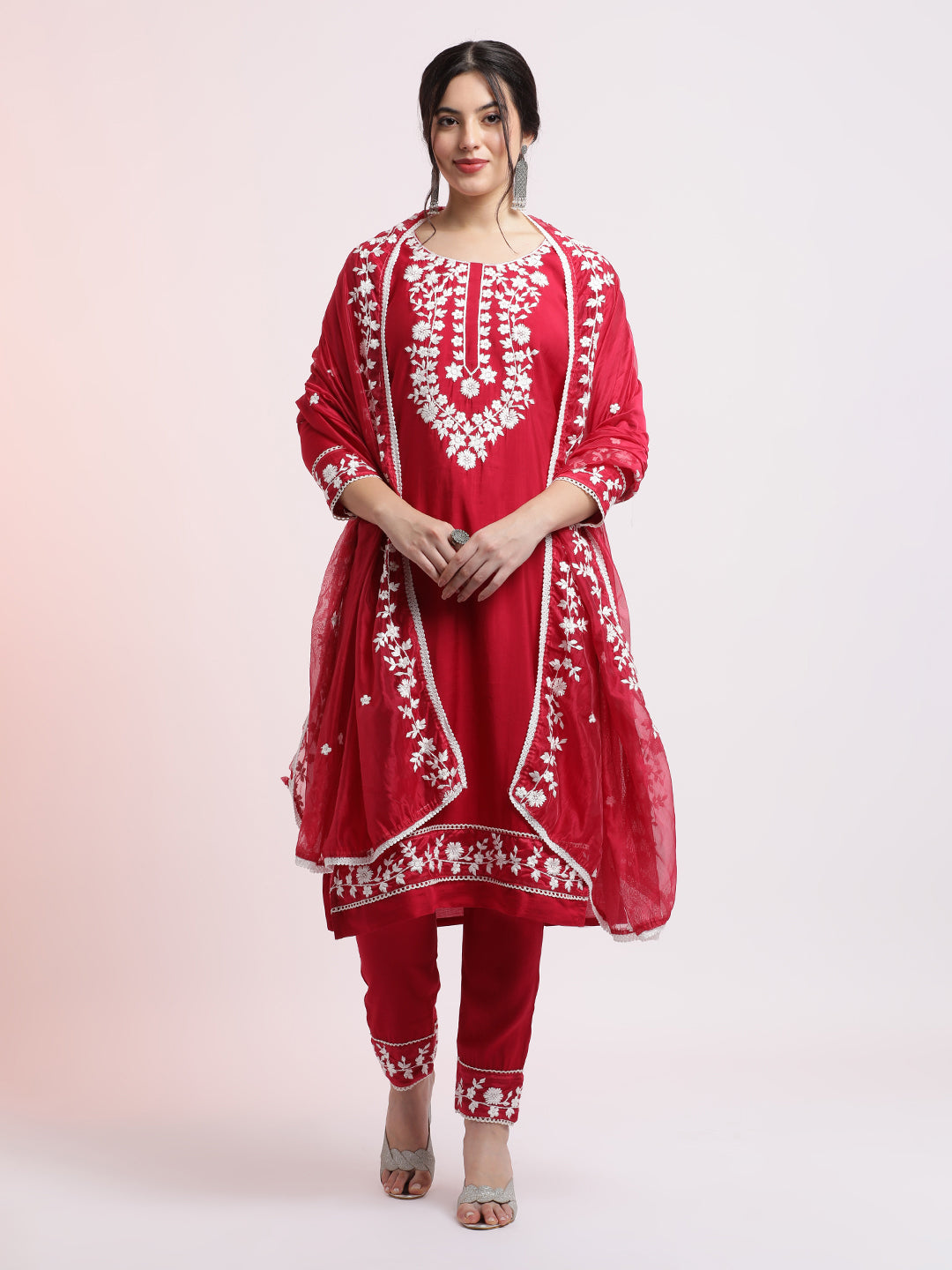 Pink Floral Embroidered Festive Kurta Set With Dupatta