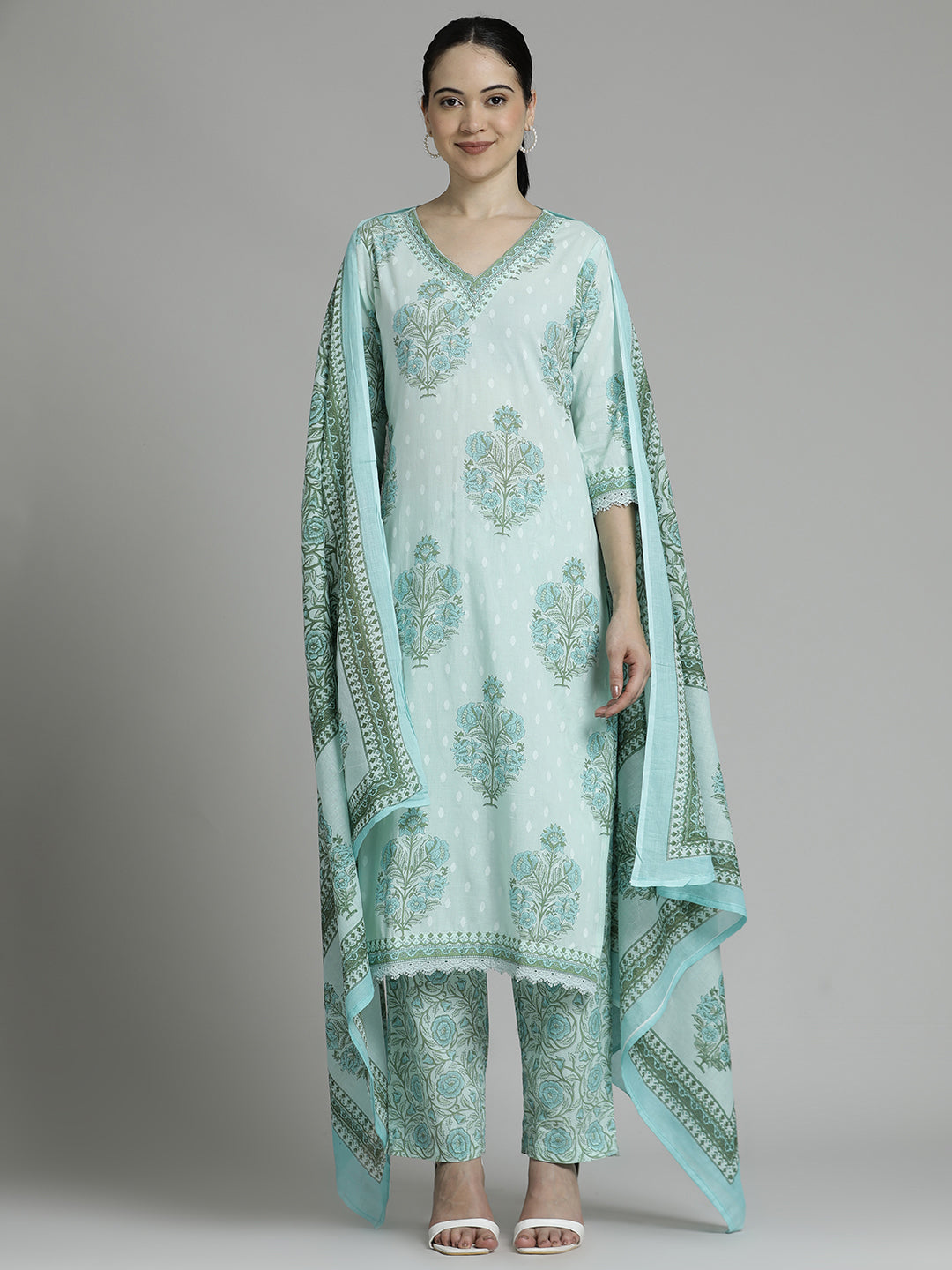 Off White Green Floral Printed Cotton Suit Set