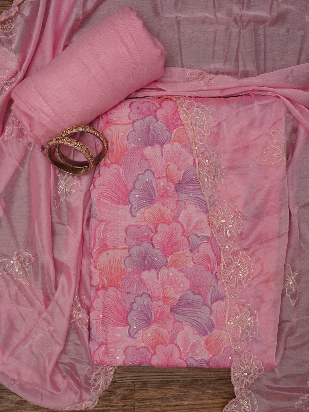 Pink Sequin Embellished Floral Printed Cotton Dress Material with Dupatta