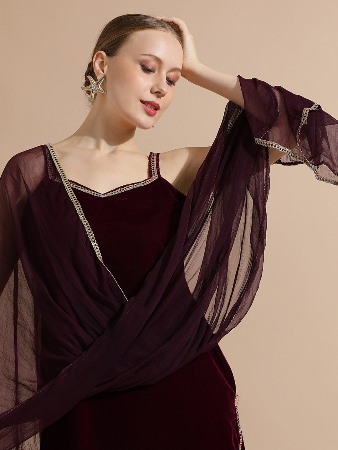 Maroon Velvet Solid Kurta Set With Dupatta