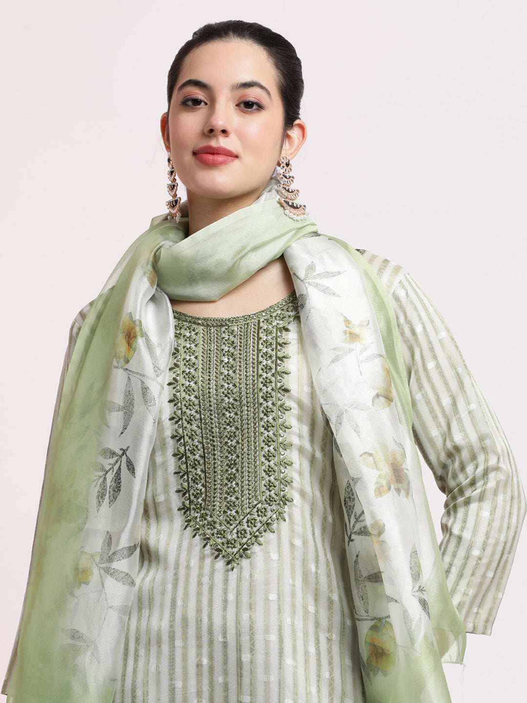 Green Woven Design Organza Kurta Set With Dupatta