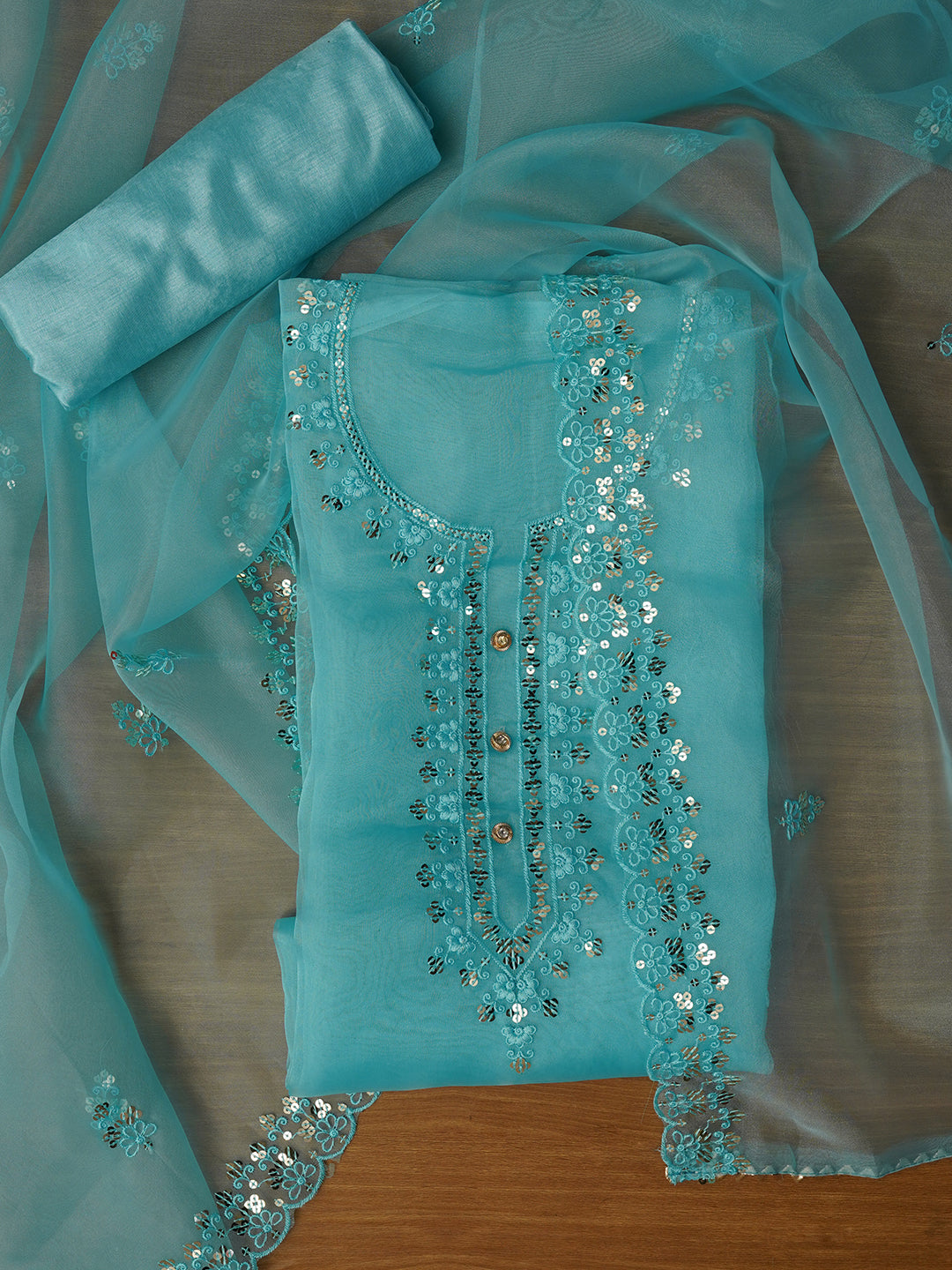 Sea Green Unstitched Embroidered Organza Dress Material With Dupatta