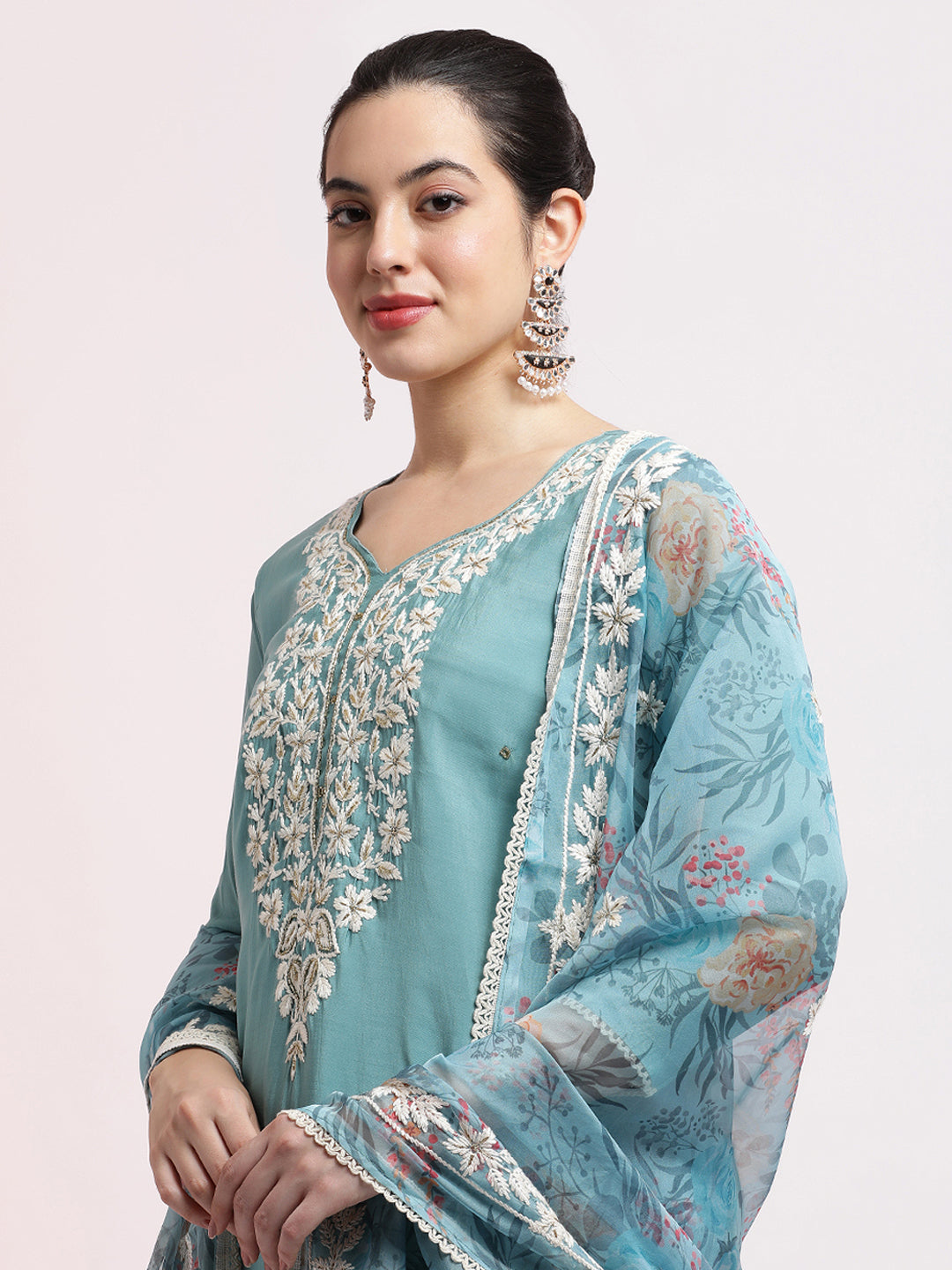 Sea Green Floral Embroidered Festive Kurta Set With Dupatta