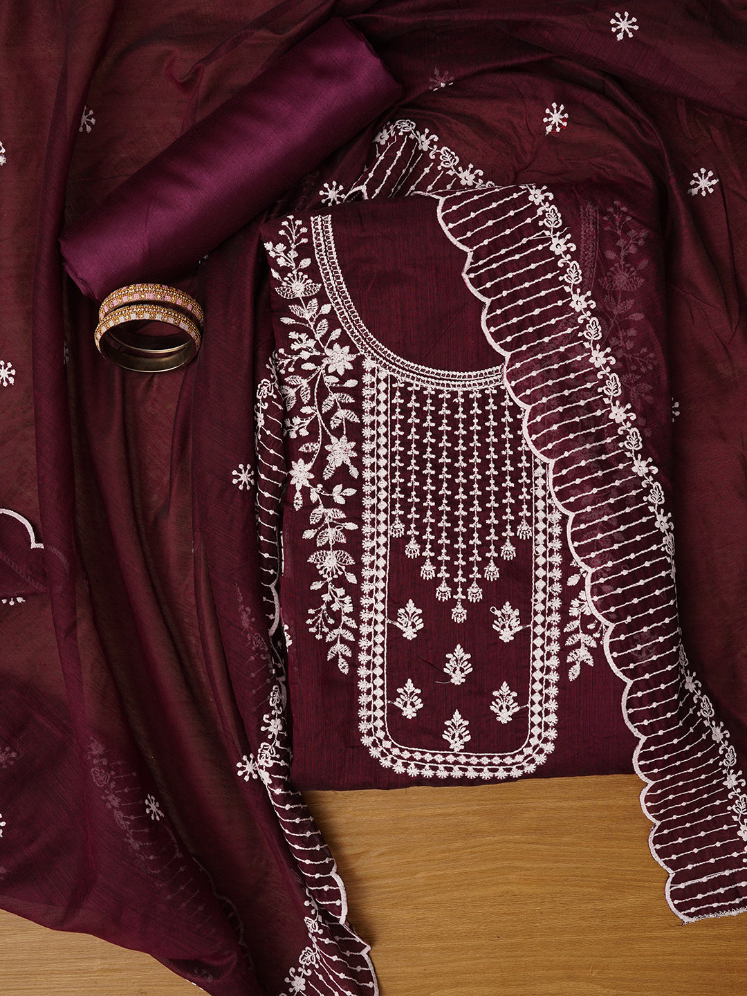 Unstitched Embroidered Cotton Blend Purple Dress Material With Dupatta