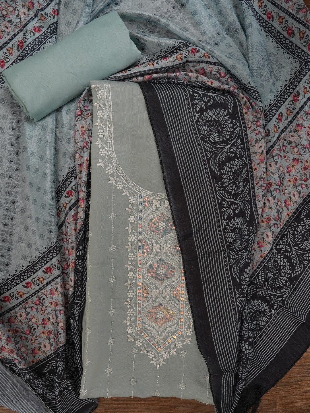 Sea Green Embellished Pure Silk Dress Material with Dupatta