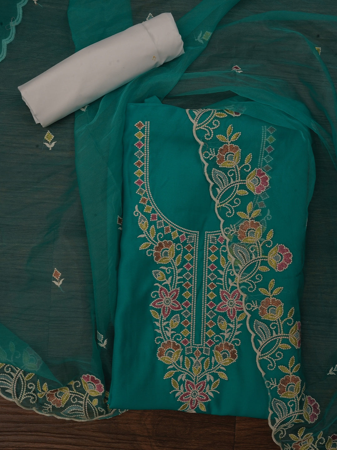 Teal Zari Pure Cotton Dress Material with Dupatta