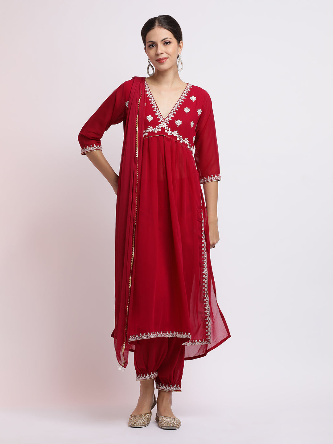 Pink Embroidered Georgette Kurta Set With Dupatta