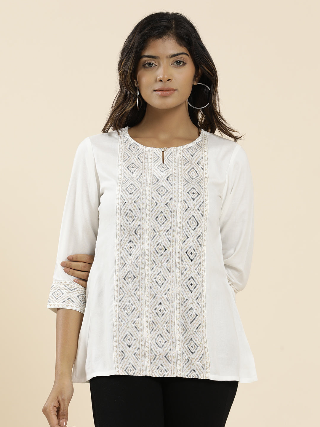 White Geometric Printed Straight Top