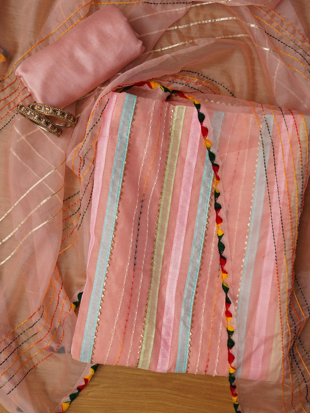 Unstitched Pink Embroidered Cotton Blend Dress Material With Dupatta