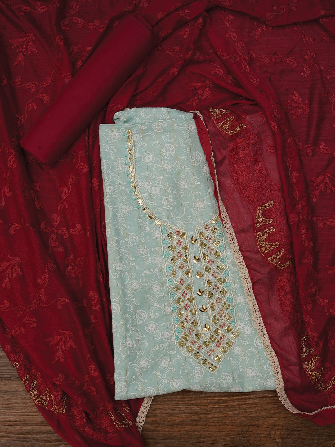 Sea Green Zari Embroidered Cotton Dress Material with Dupatta