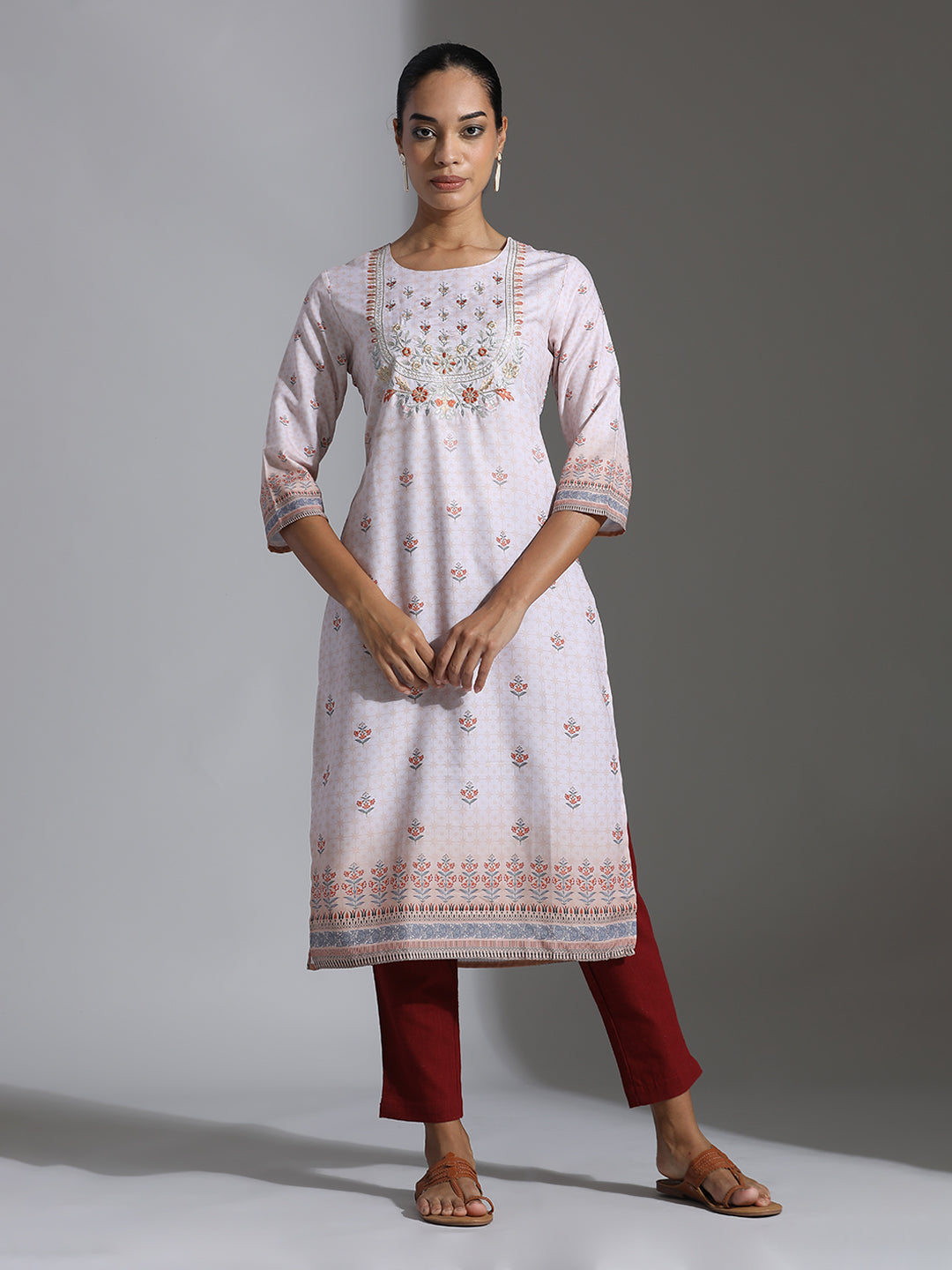 Beige Printed Poly Rayon Straight Kurta
