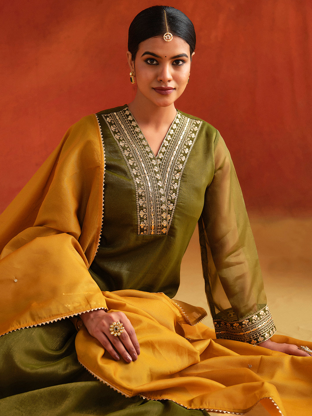 Mehendi Green Zari Work Embroidered Festive Kurta Set With Dupatta