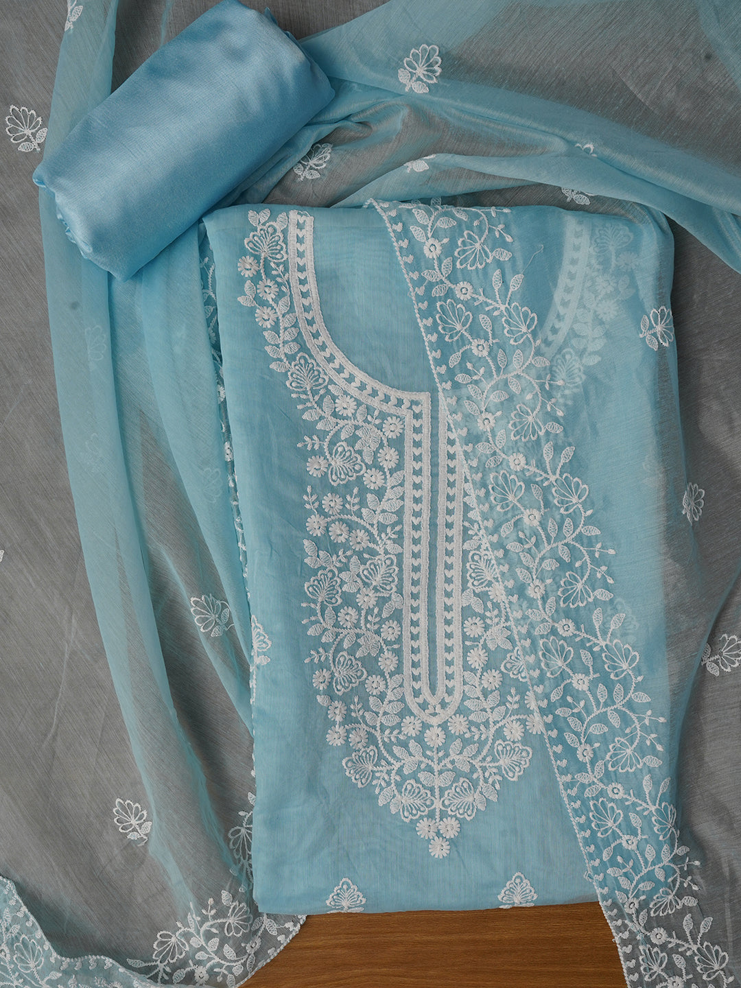 Sky Blue Unstitched Embroidered Cotton Blend Dress Material With Dupatta
