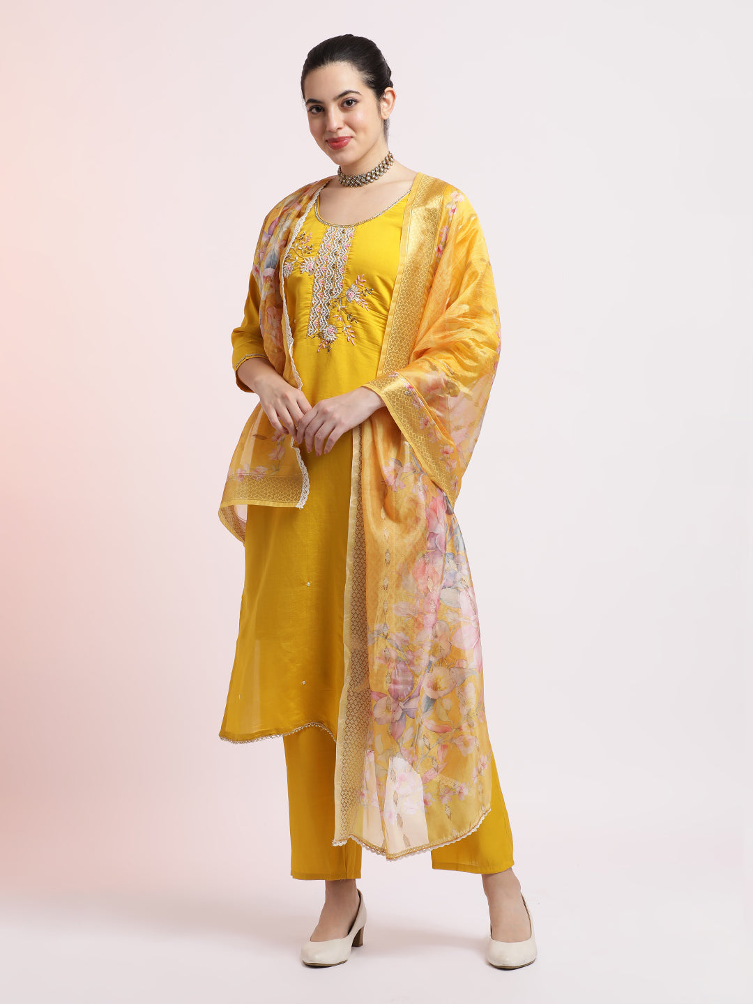 Yellow Embroidered Cotton Festive Kurta Set With Dupatta