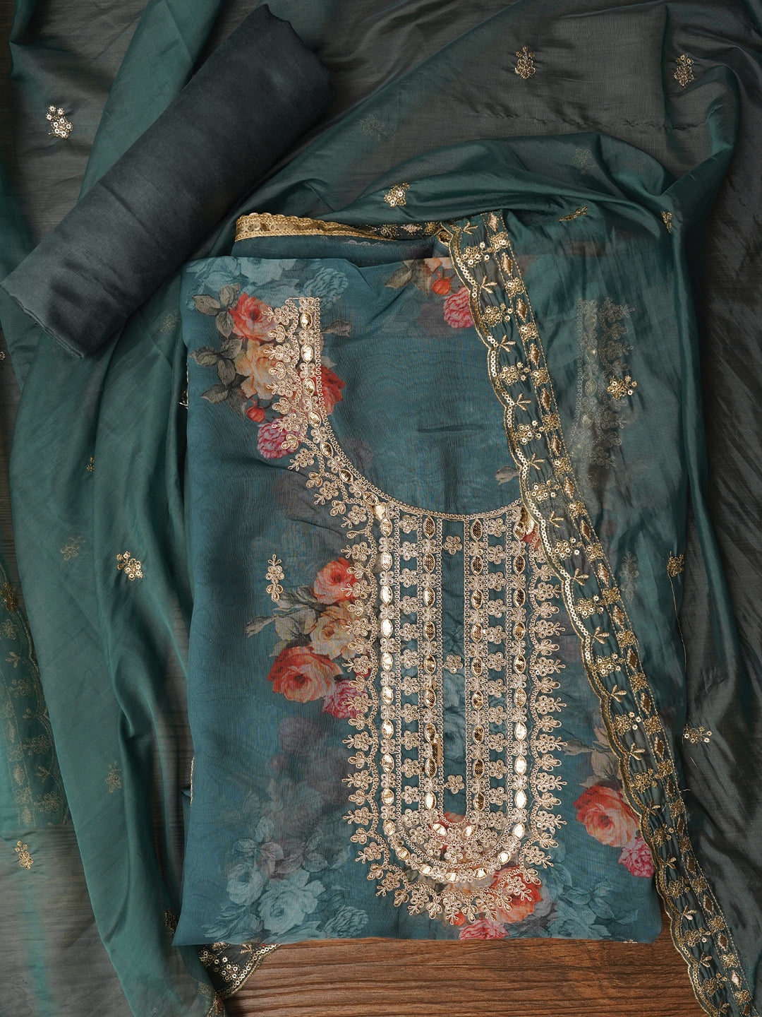 Sea Green Floral Printed Sequin Embroidered Dress Material with Dupatta