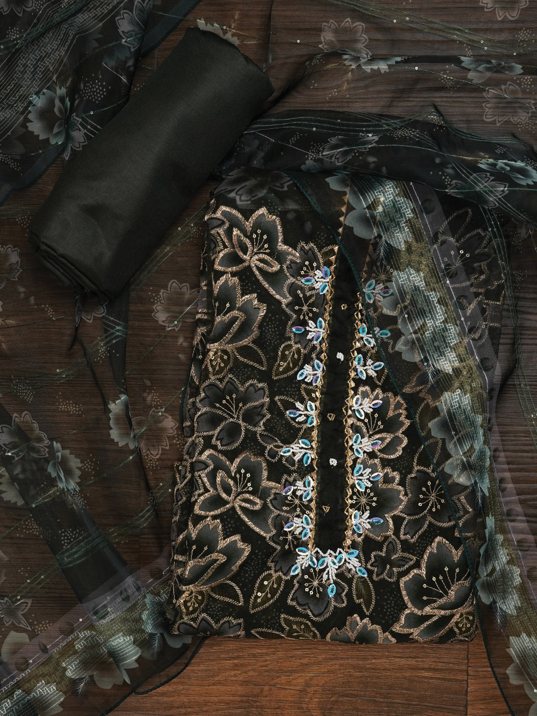 Olive Green Unstitched Embellished Organza Dress Material With Dupatta