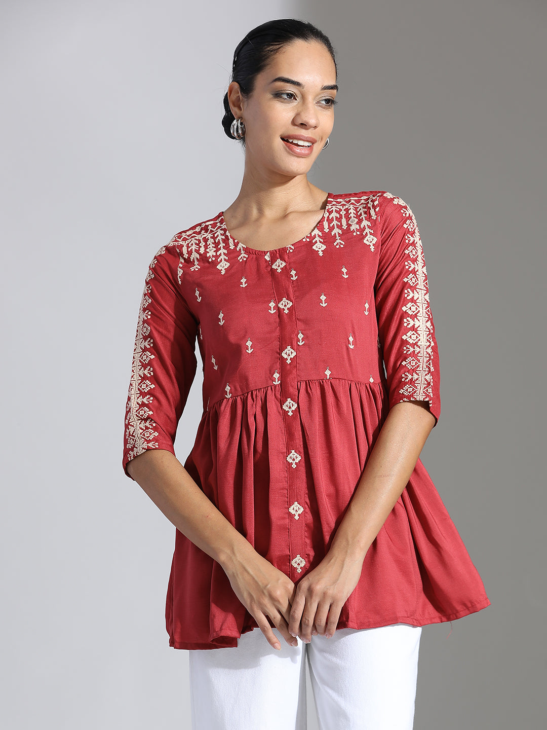 Rust Embroidered Party Wear Peplum Top