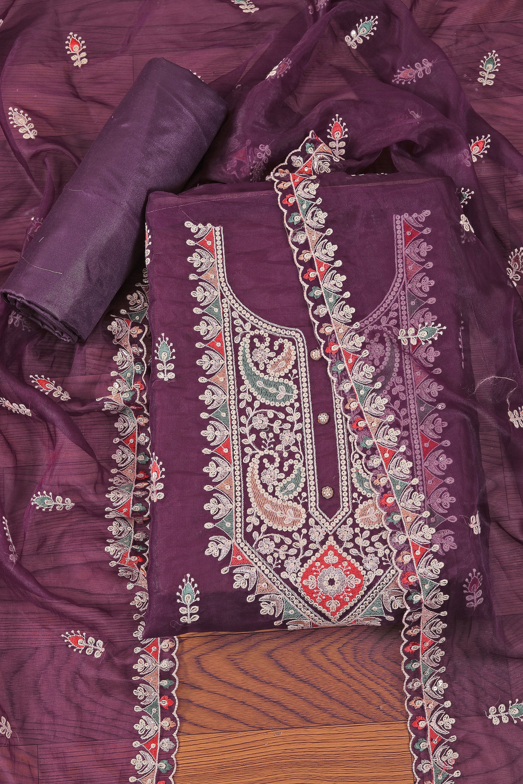 Wine Gota Patti Organza Dress Material With Embellished Dupatta