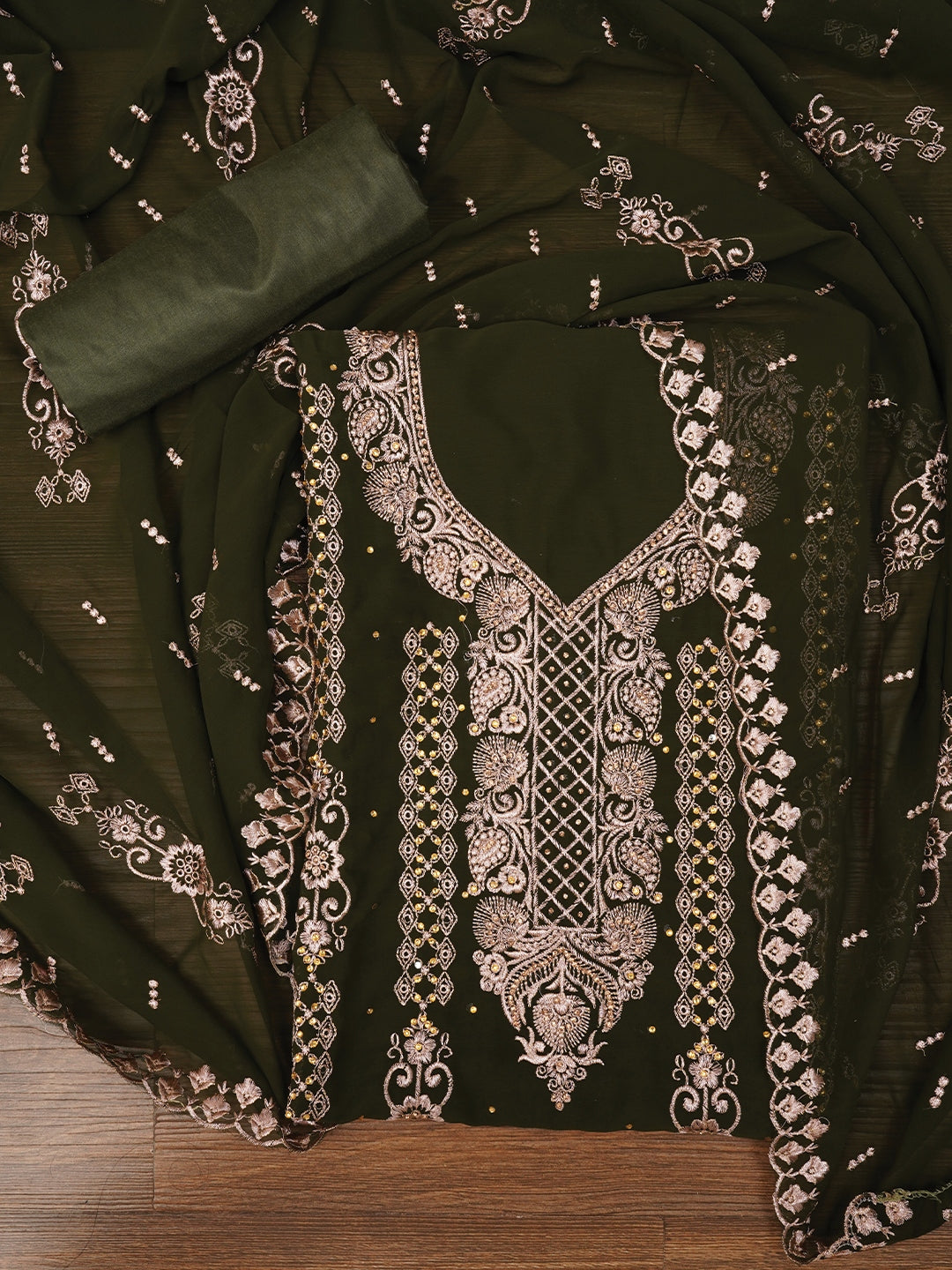 Zari Mehandi Silk Georgette Dress Material with Dupatta