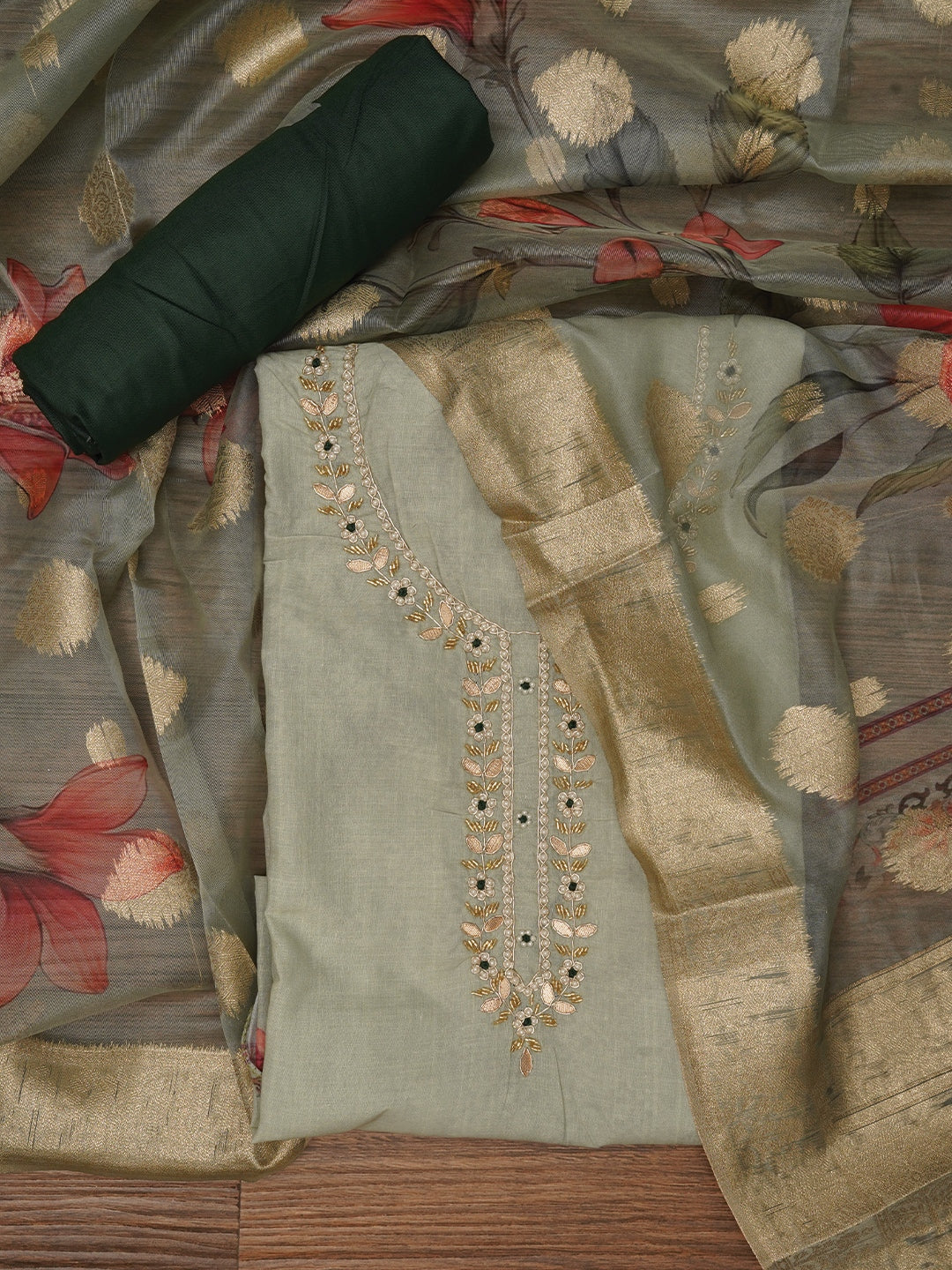 Light Green Embellished Floral Printed Cotton Blend Dress Material with Dupatta