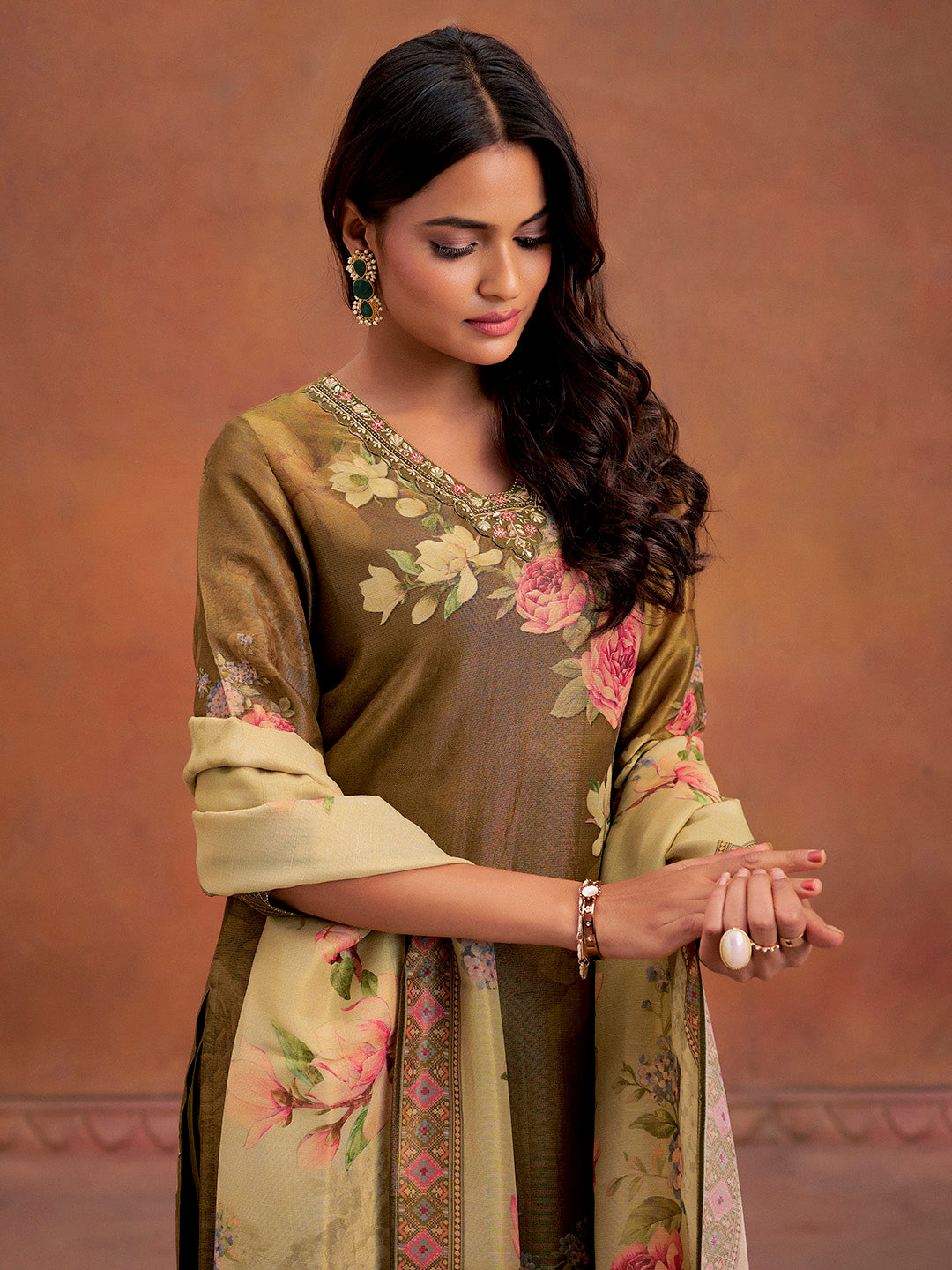 Mehendi Green Floral Printed Embroidered Kurta Set With Dupatta