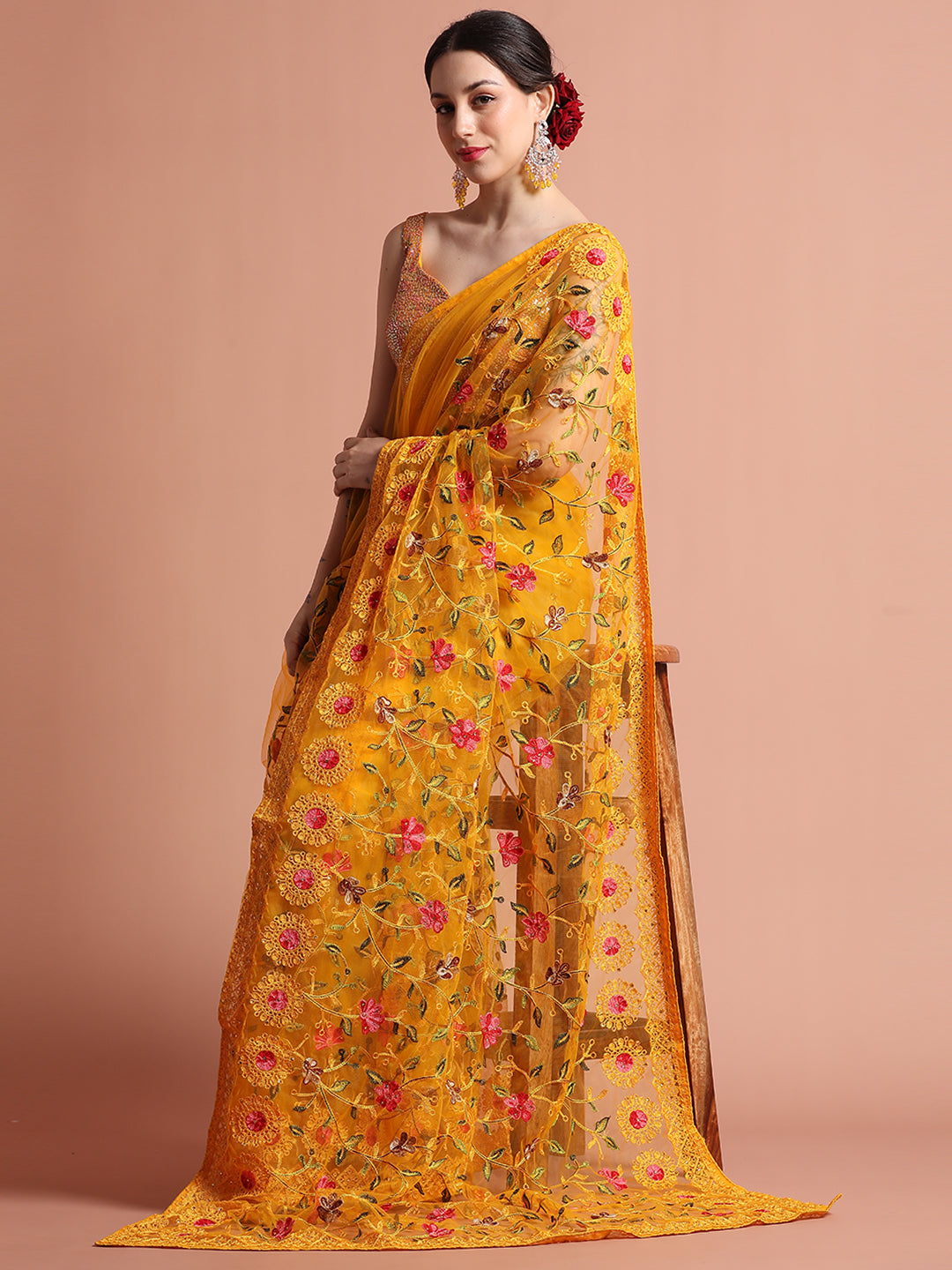 Mustard Party Wear Floral Embroidered Net Saree
