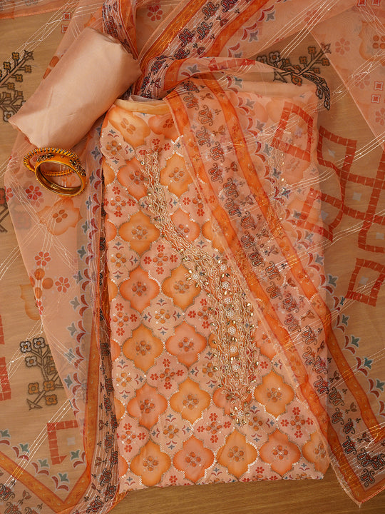 Unstitched Embroidered Organza Orange Dress Material With Dupatta