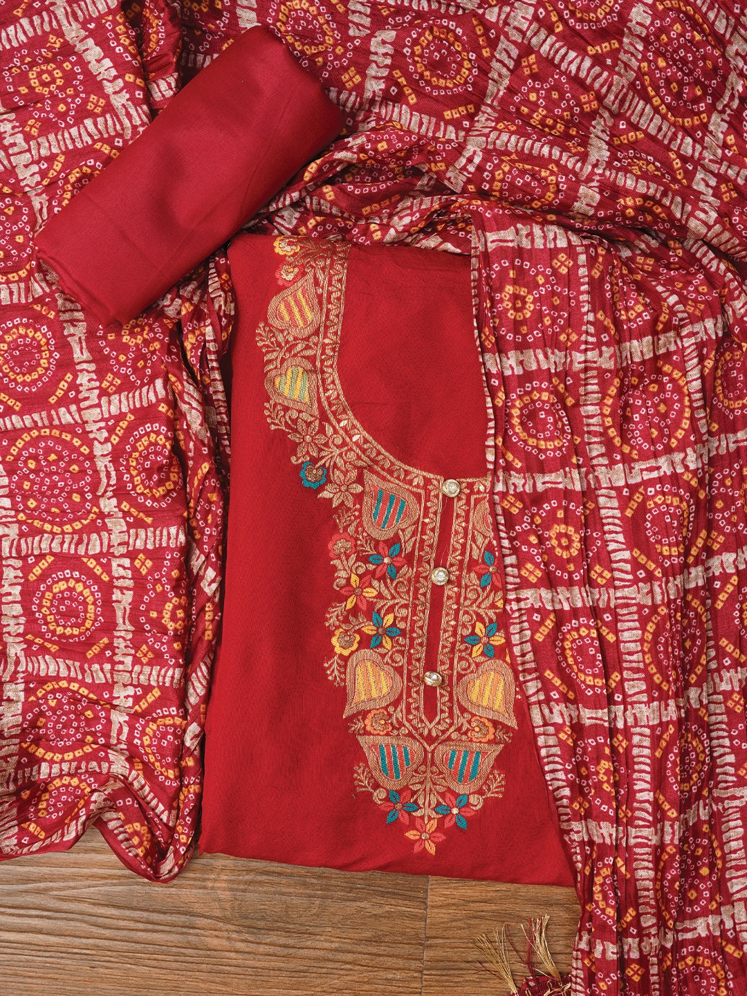 Red Unstitched Zari Silk Blend Dress Material With Dupatta