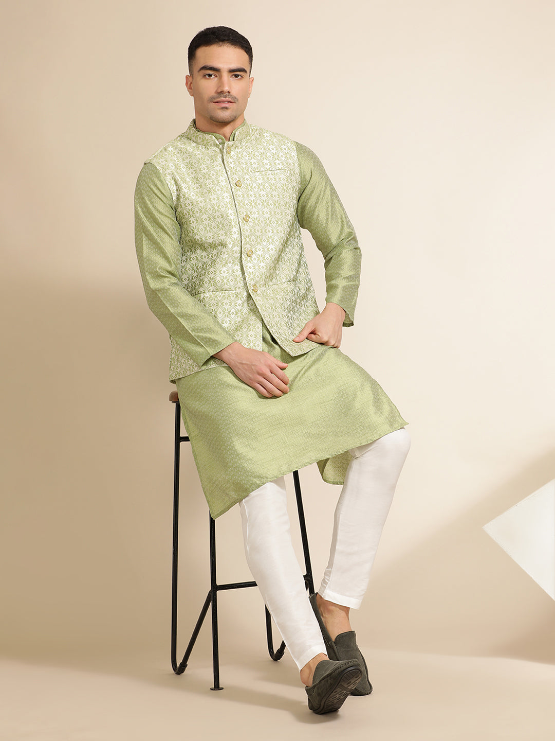 Green Silk Blend Kurta With Woven Design Nehru Jacket Set