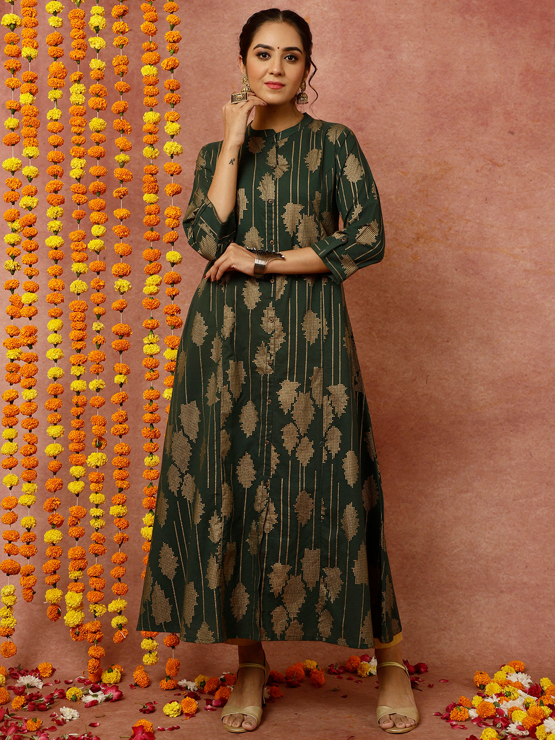 Dark Green Abstract Print A-line Kurta
