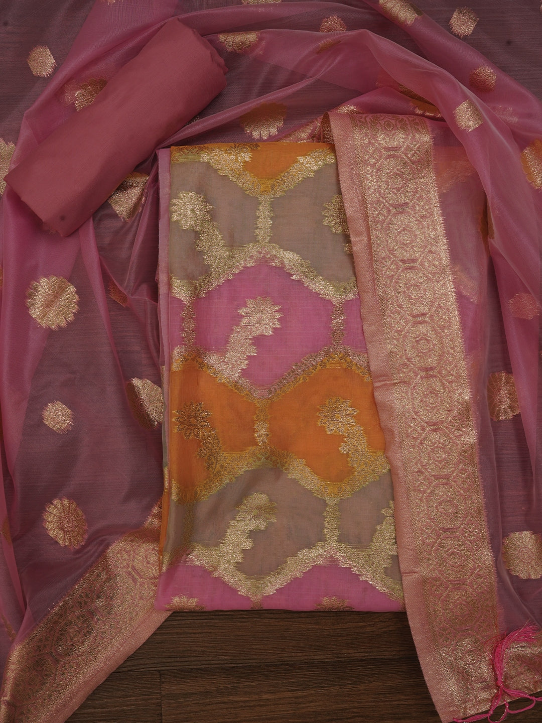 Pink Unstitched Zari Woven Organza Dress Material With Dupatta