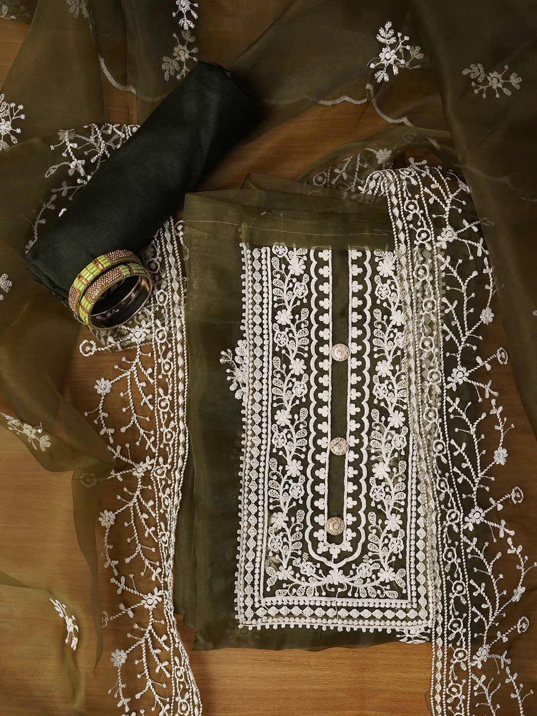 Mehendi Unstitched Embroidered Organza Dress Material With Dupatta