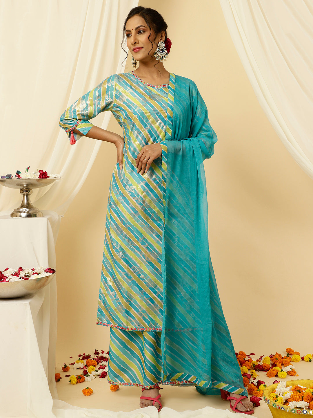 Turquoise Blue Leheriya Straight Kurta With Palazzo And Dupatta