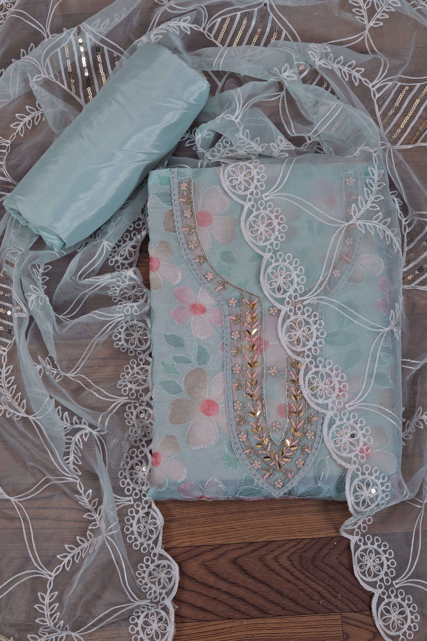 Teal Unstitched Embellished Organza Dress Material With Dupatta