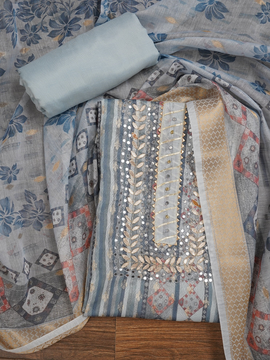 Teal Festive Silk Blend Zari Dress Material With Dupatta