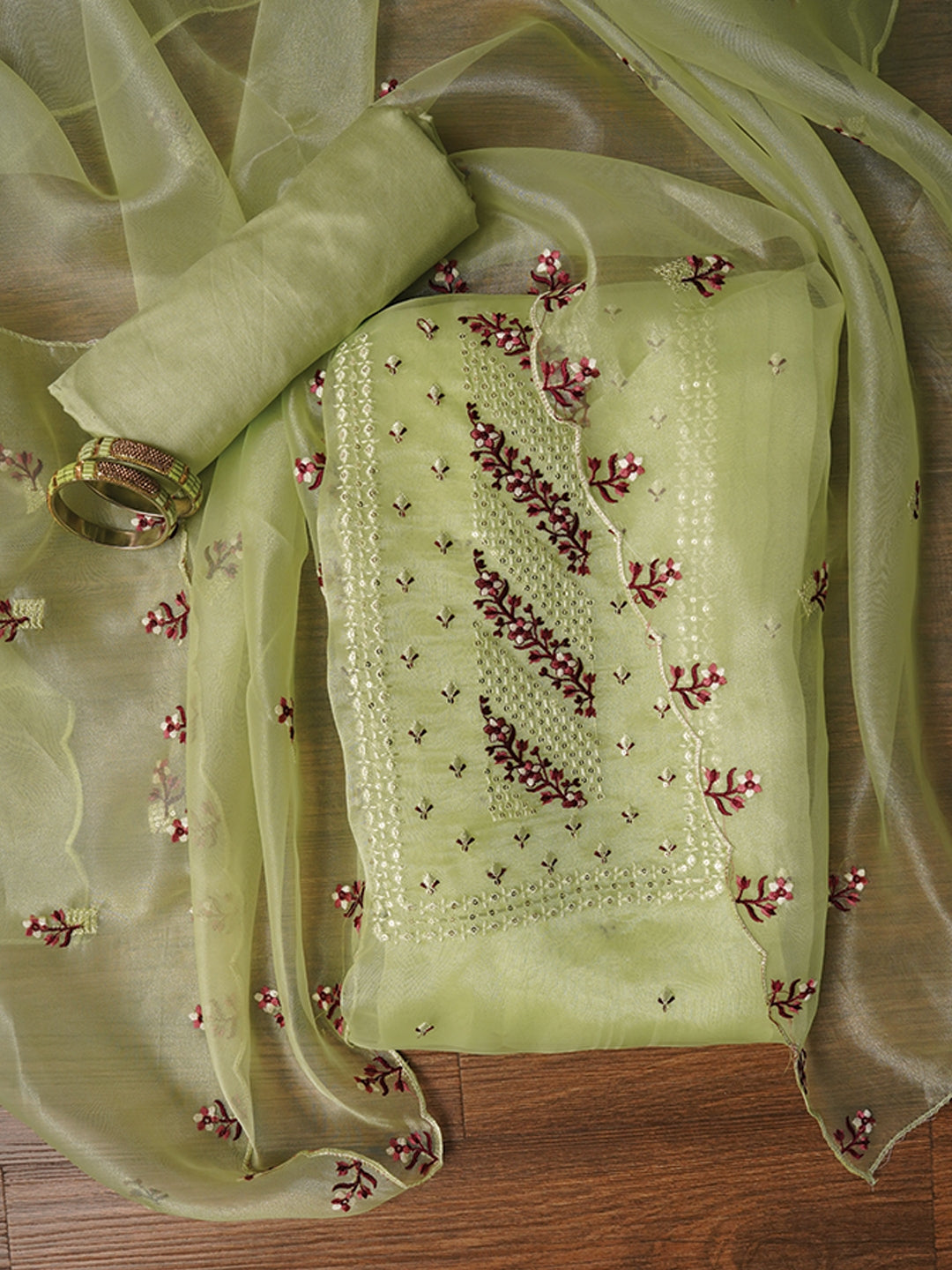 Zari Embroidered Organza Green Dress Material with Dupatta