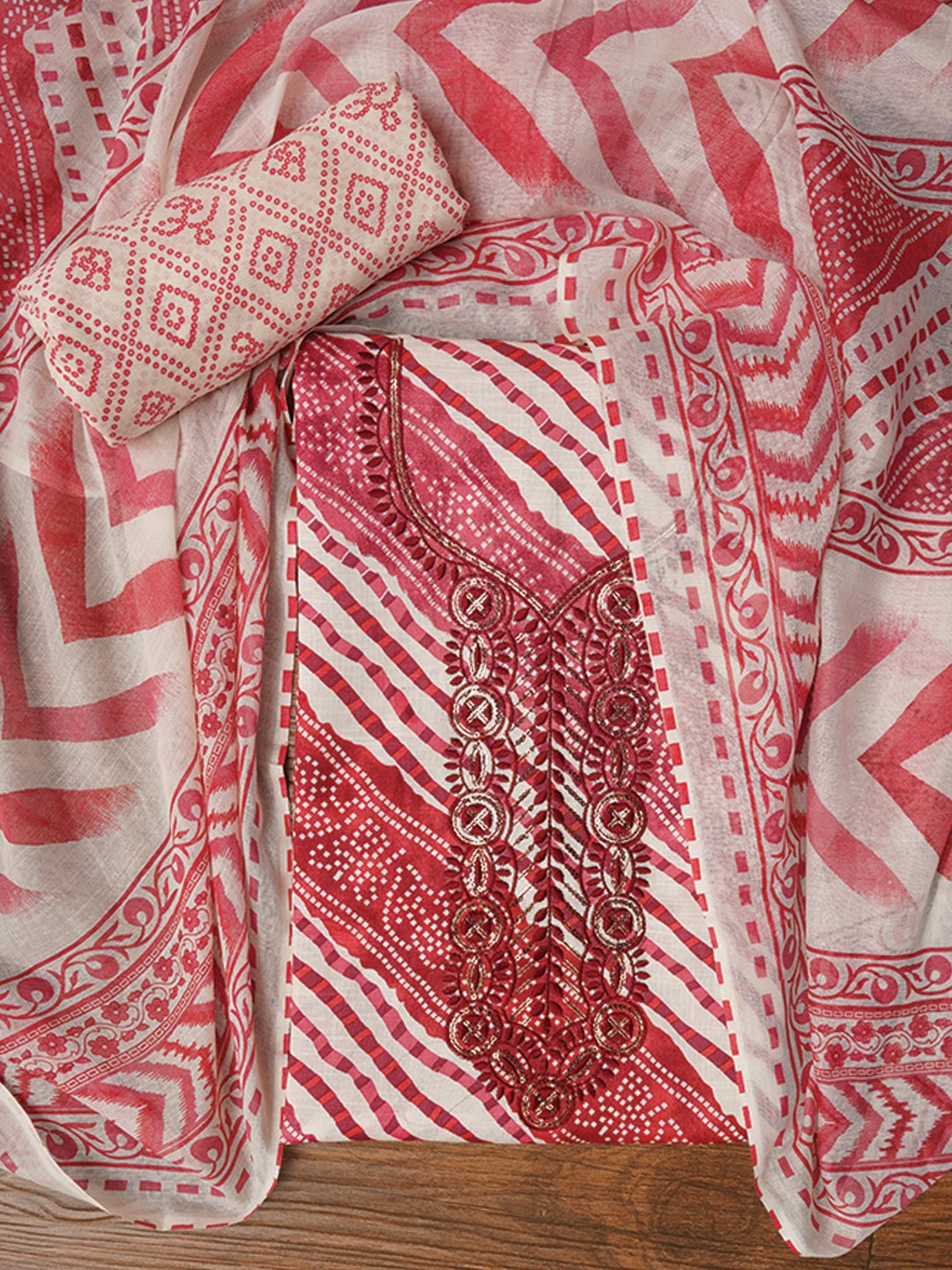 Pink Unstitched Cotton Bandhani Printed Dress Material With Dupatta