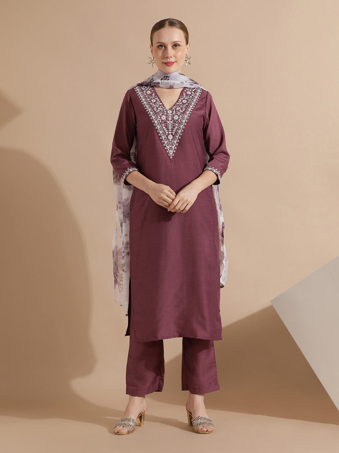 Embroidered Silk Blend Kurta Set With Floral Dupatta
