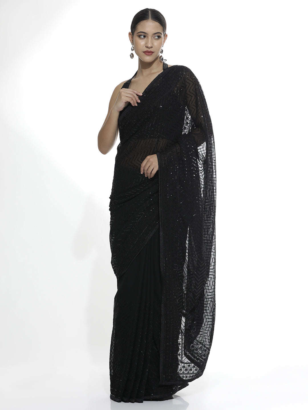Pure Georgette Black Sequins Saree