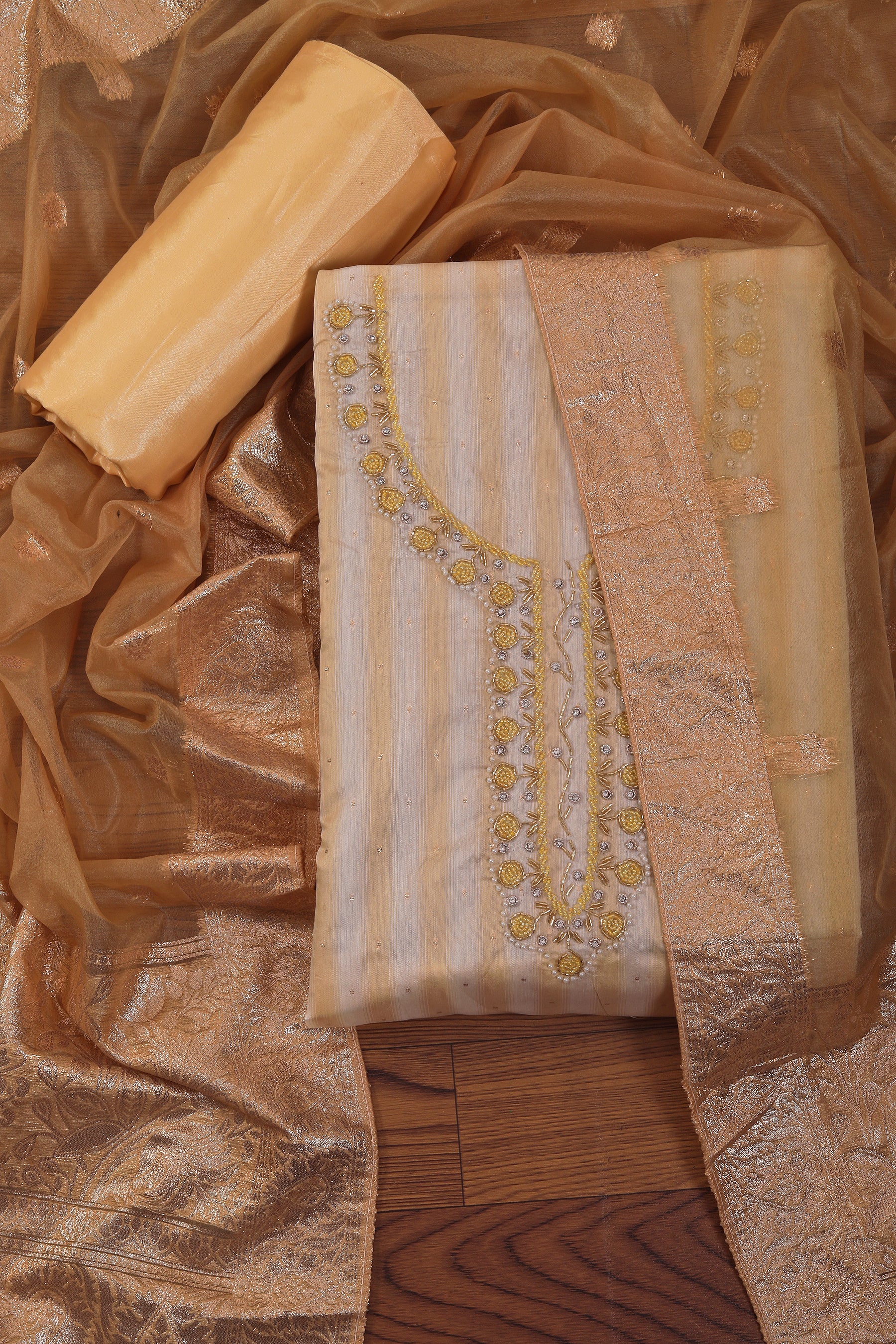 Yellow Silk Blend Embellished Dress Material With Dupatta